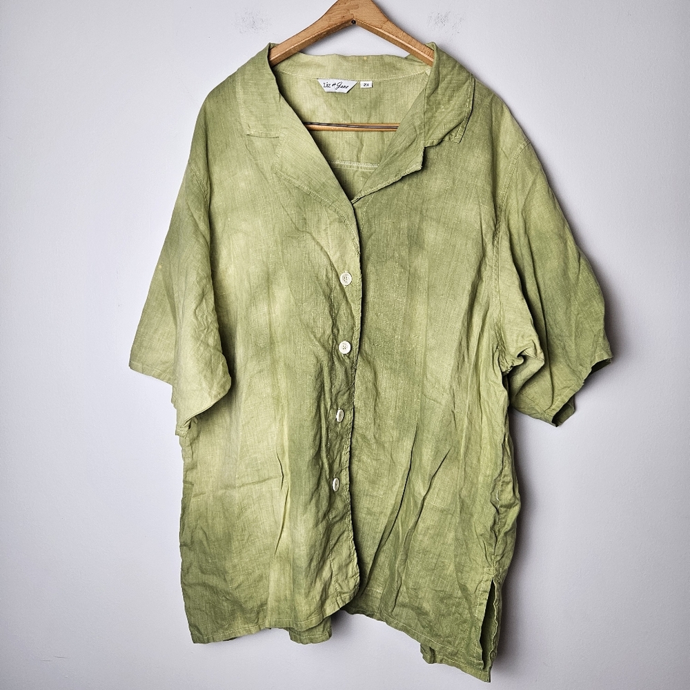 Liz & Jane Green Linen Button Down‎ Tee Tie Dye Lagenlook Granola Outdoorsy 2XL